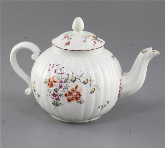 A rare Derby ribbed teapot and cover, c.1758, h. 13.5cm, replacement knop